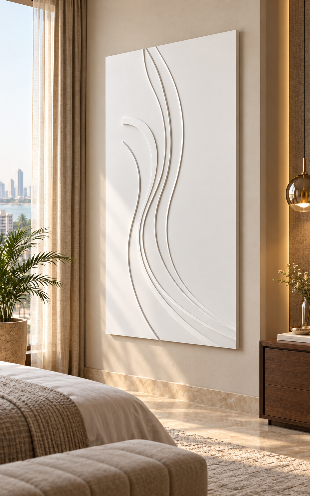 Crescent Sway Channels Corian wall panel, right view in a Mumbai bedroom, with shallow satin white relief