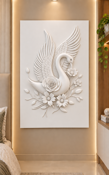 Swan Rose Wing Flourish Corian wall panel, front view in a Powai bedroom alcove