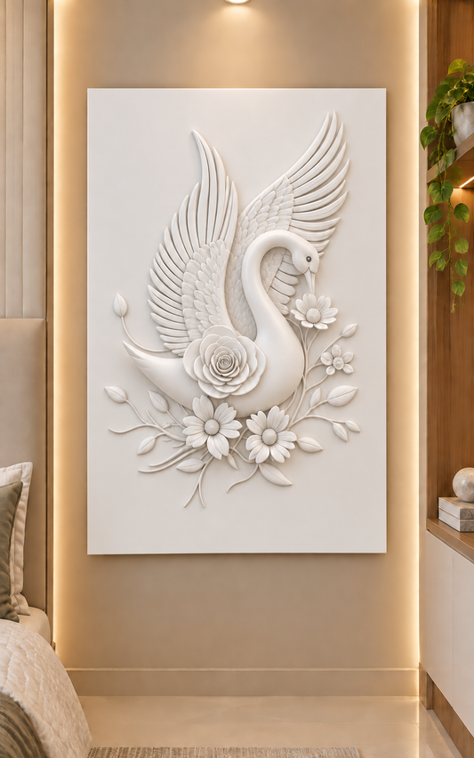 Swan Rose Wing Flourish Corian wall panel, front view in a Powai bedroom alcove