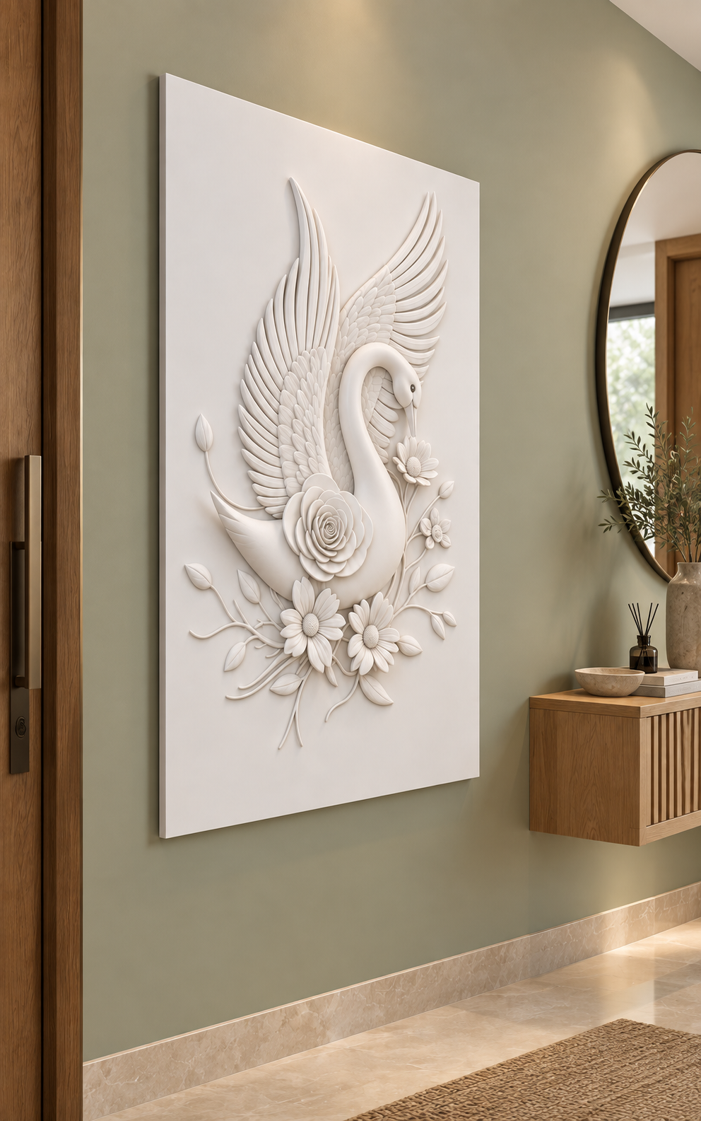 Swan Rose Wing Flourish Corian wall panel, left view in a Juhu entrance foyer