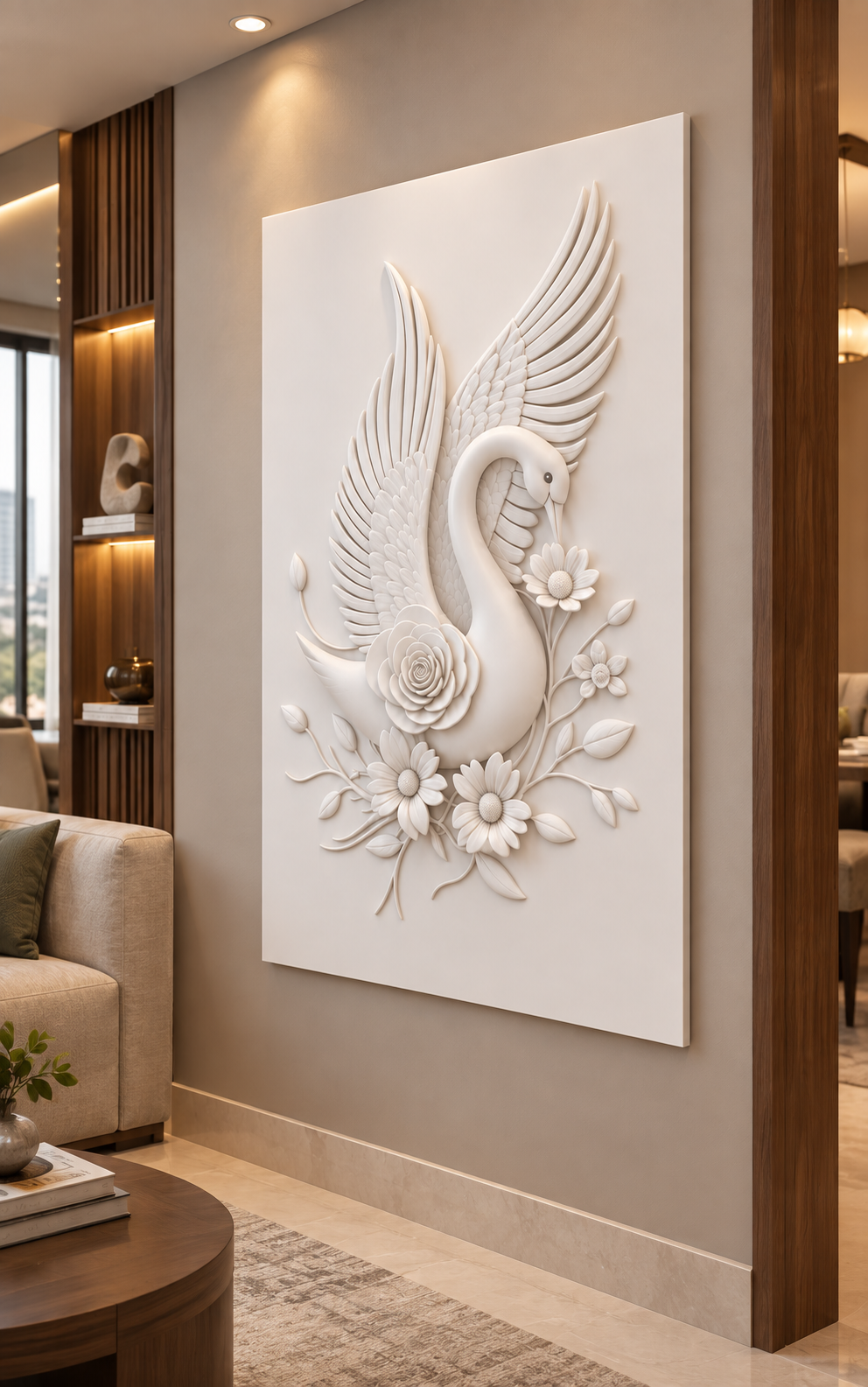 Swan Rose Wing Flourish Corian wall panel, right view in a Bandra living room