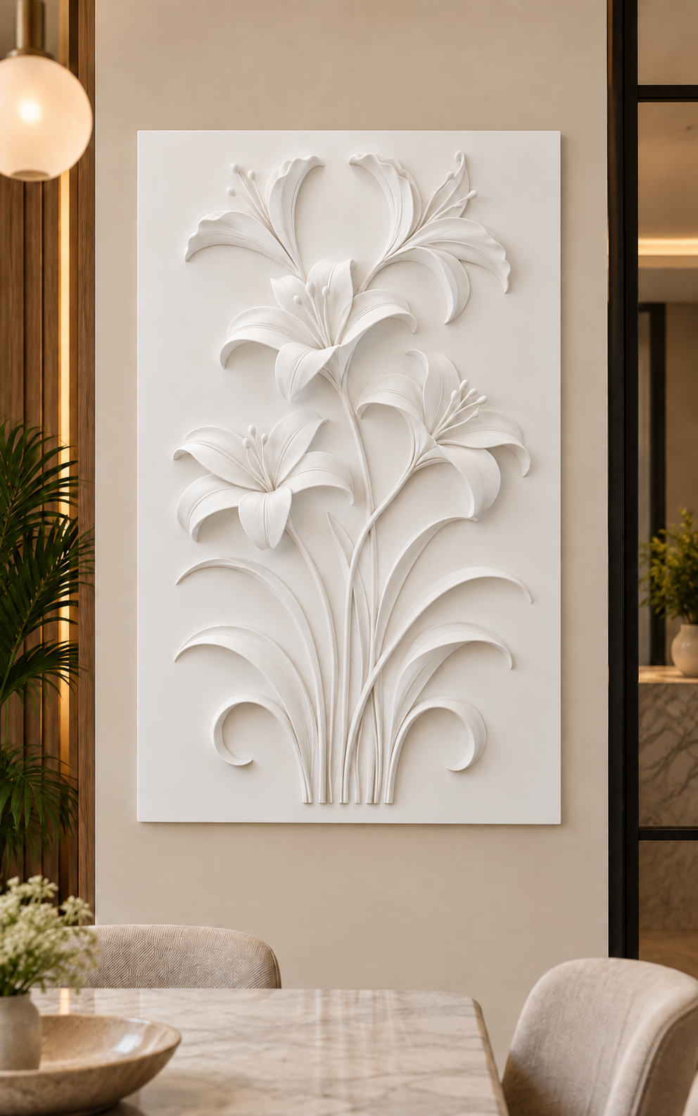 Lily Stem Cascade Corian wall panel, front view in a Bandra dining nook