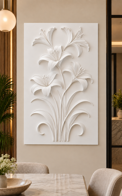 Lily Stem Cascade Corian wall panel, front view in a Bandra dining nook