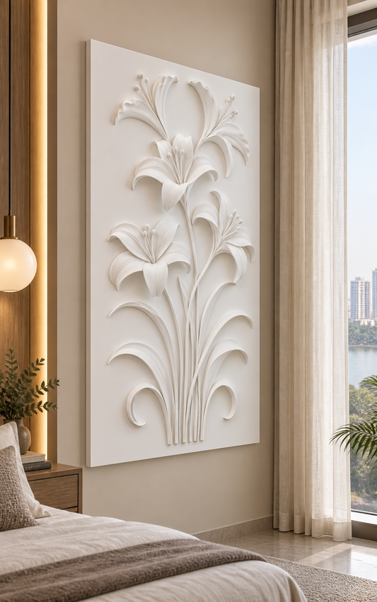 Lily Stem Cascade Corian wall panel, left view in a Powai bedroom
