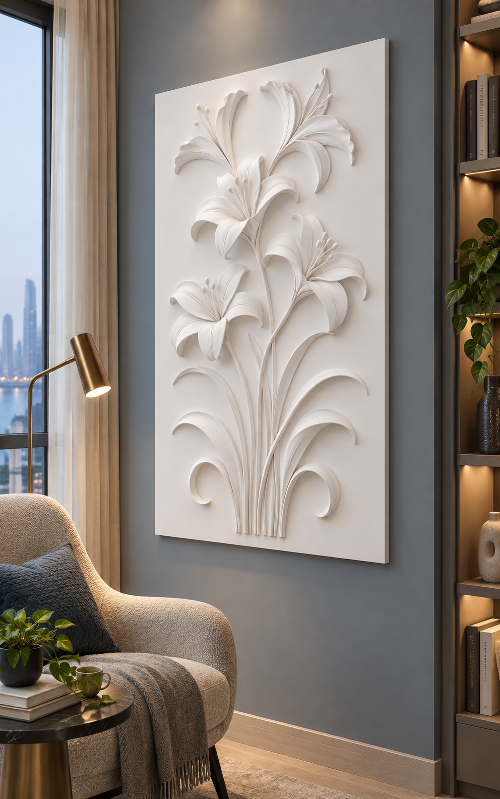 Lily Stem Cascade Corian wall panel, right view in a Worli reading corner