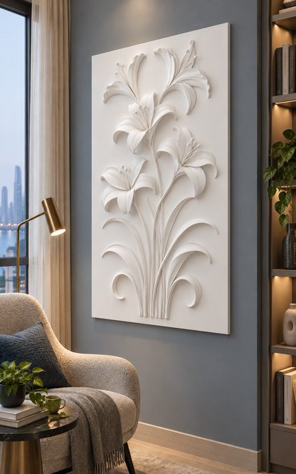 Lily Stem Cascade Corian wall panel, right view in a Worli reading corner
