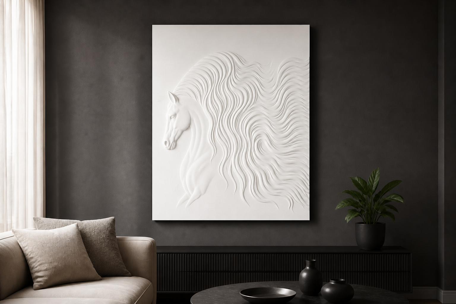 Wavecrest Horse white Corian wall panel front view in contemporary Mumbai living room with charcoal-grey wall