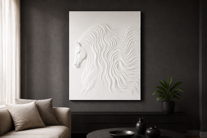 Wavecrest Horse white Corian wall panel front view in contemporary Mumbai living room with charcoal-grey wall
