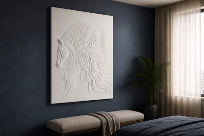 Wavecrest Horse white Corian wall panel left angle in luxury Mumbai bedroom with deep muted blue wall