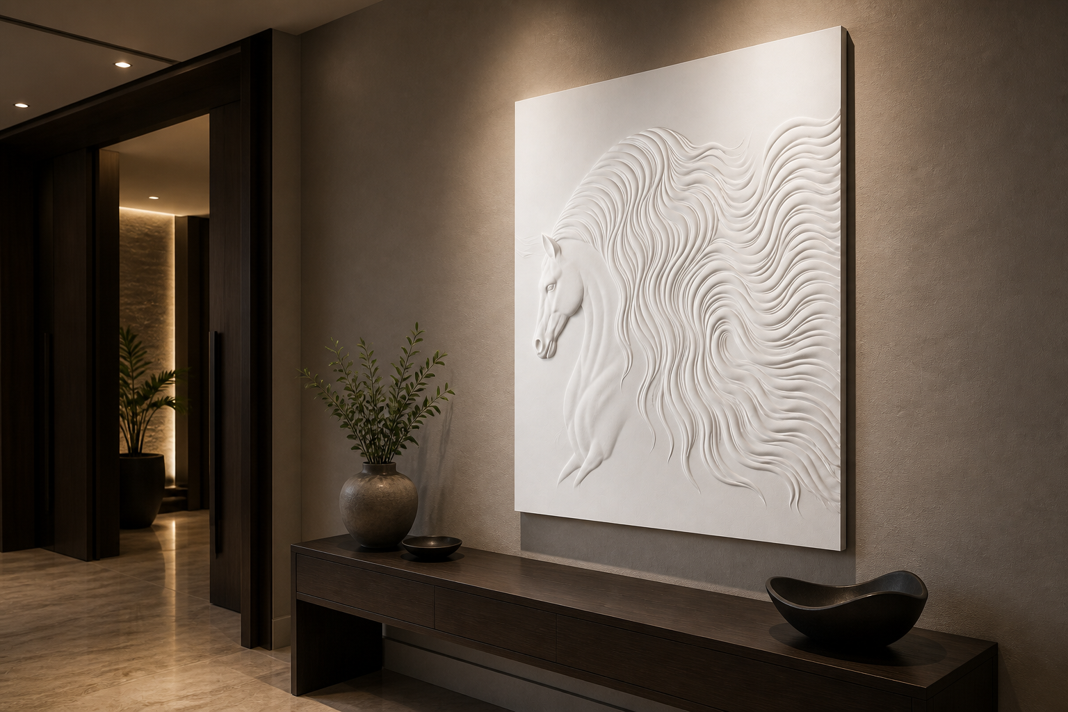 Wavecrest Horse white Corian wall panel right angle in dramatic Mumbai foyer with warm taupe wall