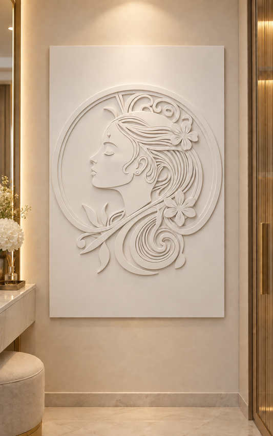 Floral Halo Profile Corian wall panel, front view in a Juhu dressing alcove