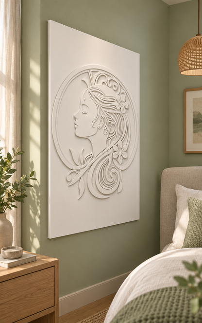Floral Halo Profile Corian wall panel, left view in a Bandra bedroom