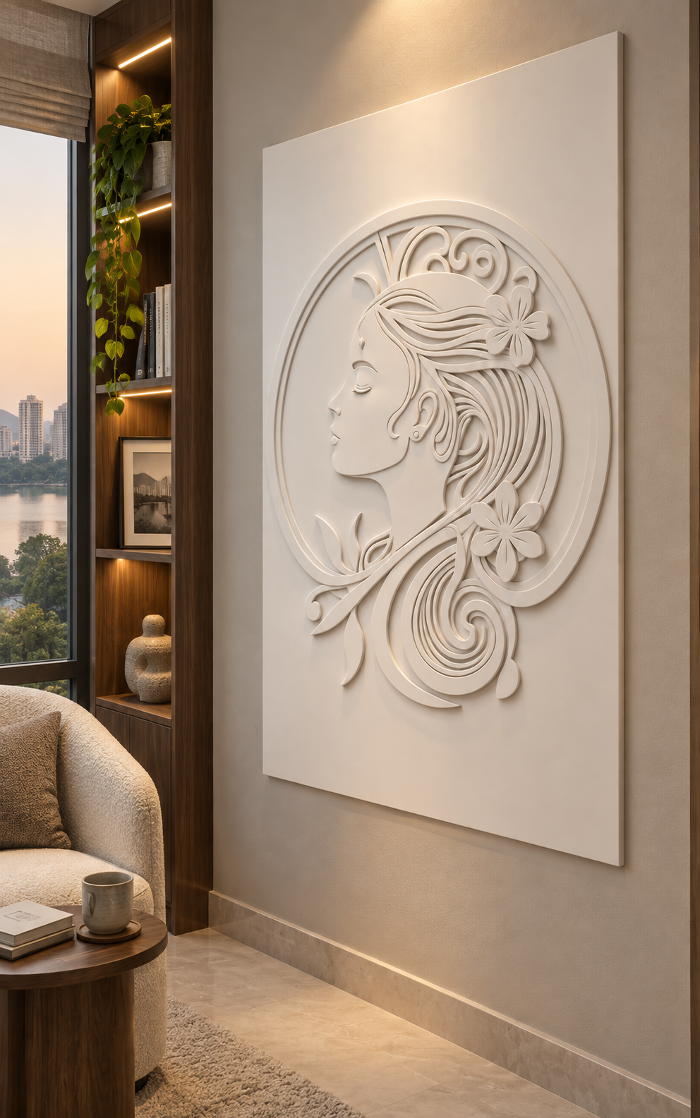 Floral Halo Profile Corian wall panel, right view in a Powai reading nook