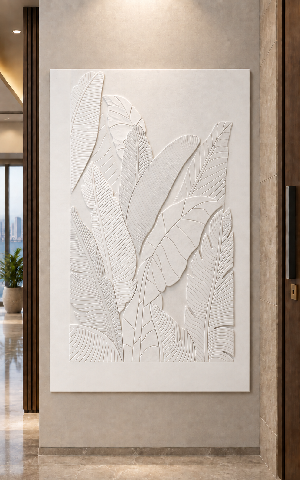Layered Tropical Vein Canopy Corian wall panel, front view in a Worli entrance foyer