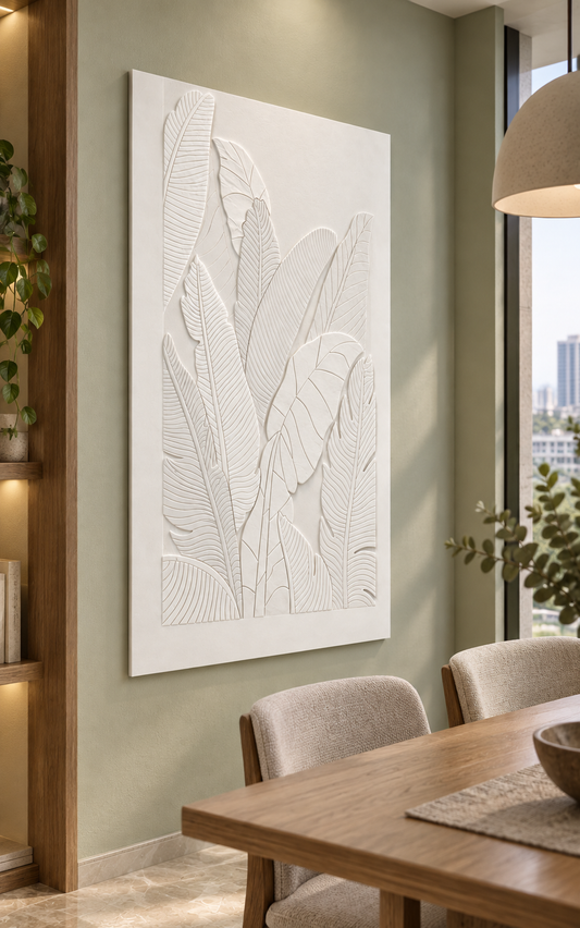 Layered Tropical Vein Canopy Corian wall panel, left view in a Bandra dining alcove
