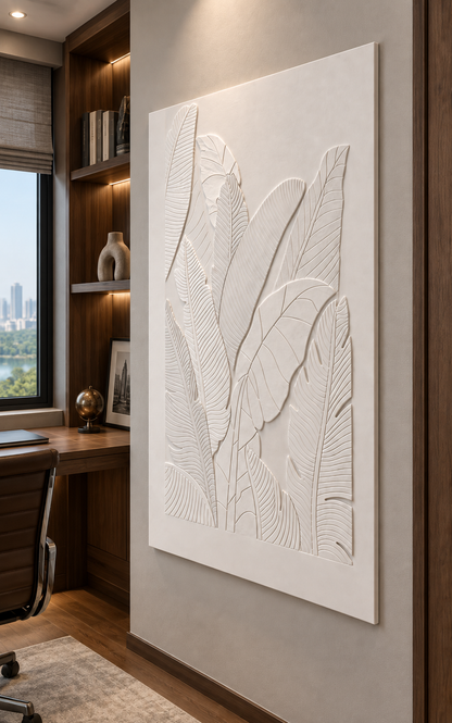 Layered Tropical Vein Canopy Corian wall panel, right view in a Powai home study