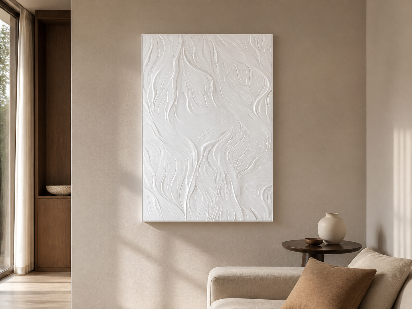 Whispering Blades white Corian wall panel front view in warm greige Mumbai living room with cream sofa