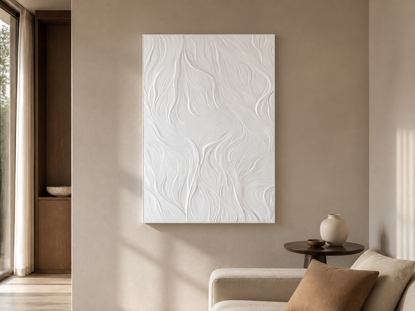 Whispering Blades white Corian wall panel front view in warm greige Mumbai living room with cream sofa