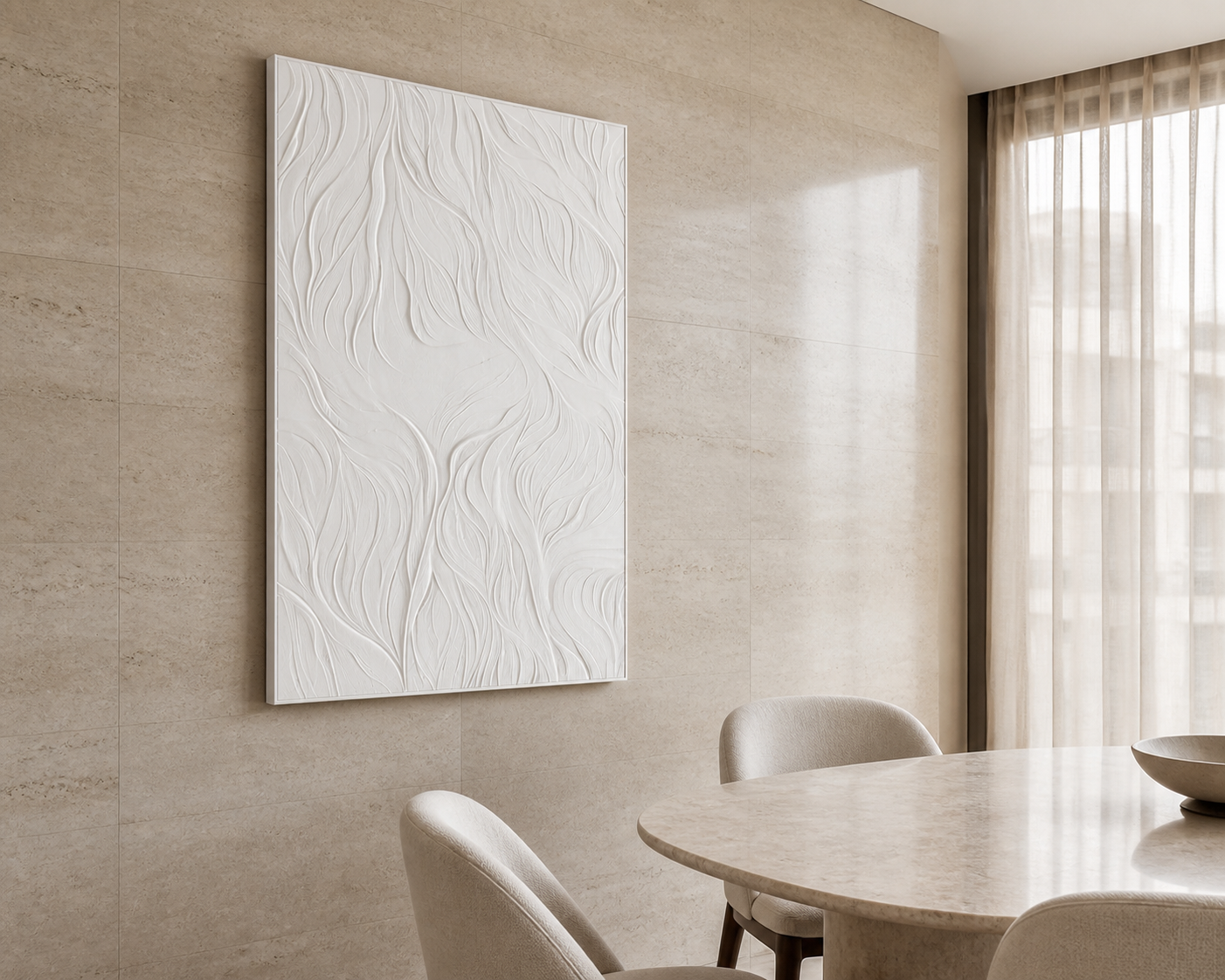 Whispering Blades white Corian wall panel left angle in cream-travertine Mumbai dining nook