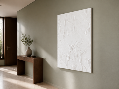 Whispering Blades white Corian wall panel right angle in muted-sage Mumbai apartment foyer
