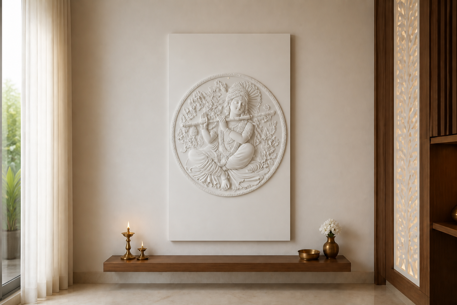 Seated Krishna Medallion white Corian wall panel front view in compact ivory-and-teak Mumbai home mandir