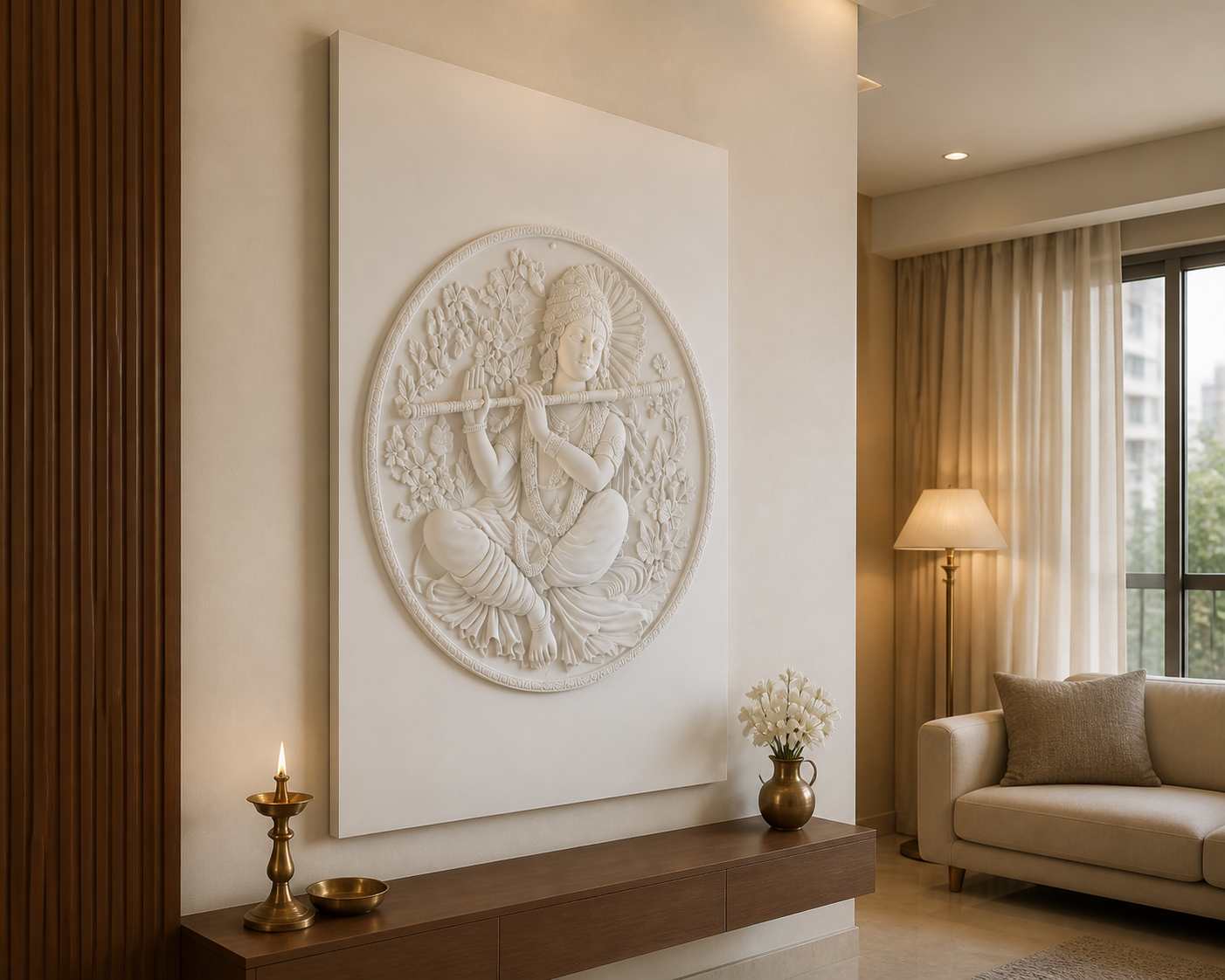 Seated Krishna Medallion white Corian wall panel left angle in warm-beige Mumbai living-room prayer corner