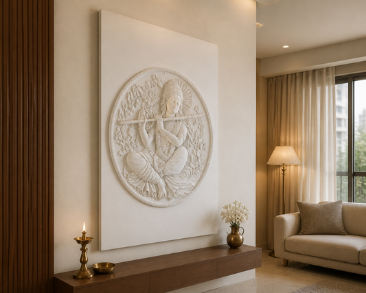 Seated Krishna Medallion white Corian wall panel left angle in warm-beige Mumbai living-room prayer corner