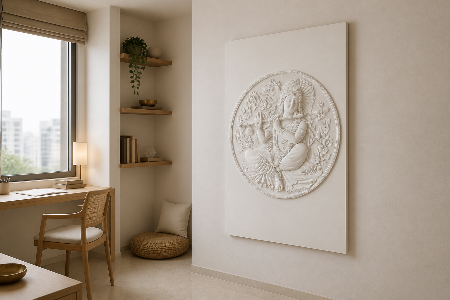 Seated Krishna Medallion white Corian wall panel right angle in serene Mumbai study and prayer room