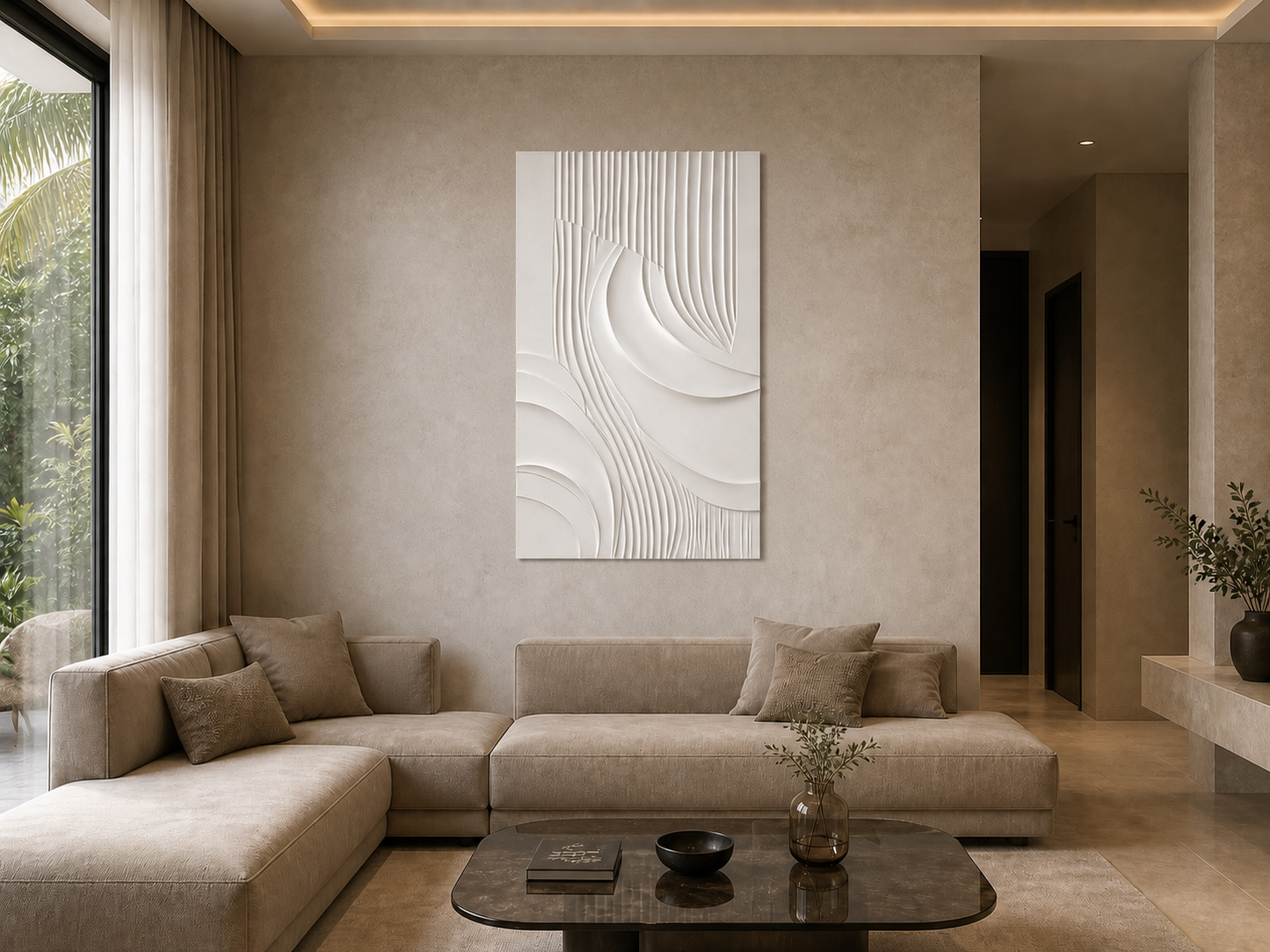 Fluted Confluence white Corian wall panel front view in limestone-toned Mumbai lounge