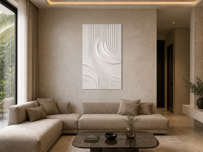 Fluted Confluence white Corian wall panel front view in limestone-toned Mumbai lounge