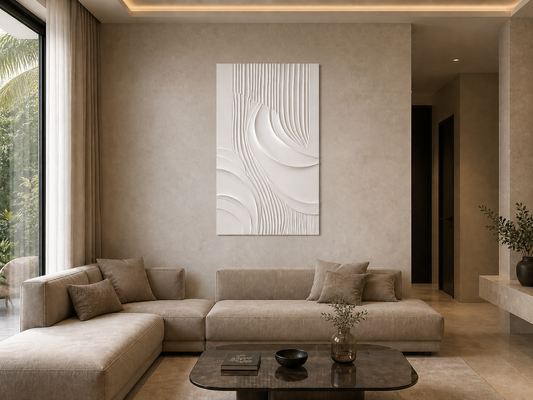 Fluted Confluence white Corian wall panel front view in limestone-toned Mumbai lounge