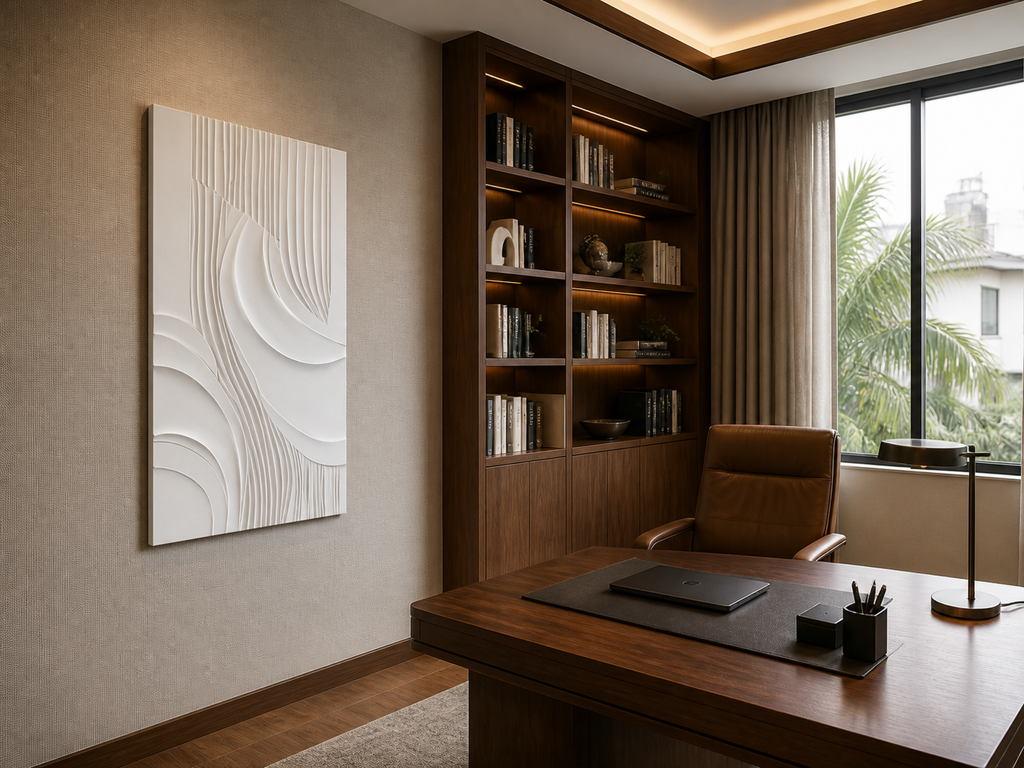 Fluted Confluence white Corian wall panel left angle in walnut Mumbai home office