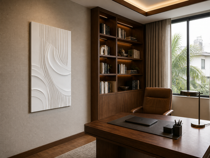 Fluted Confluence white Corian wall panel left angle in walnut Mumbai home office