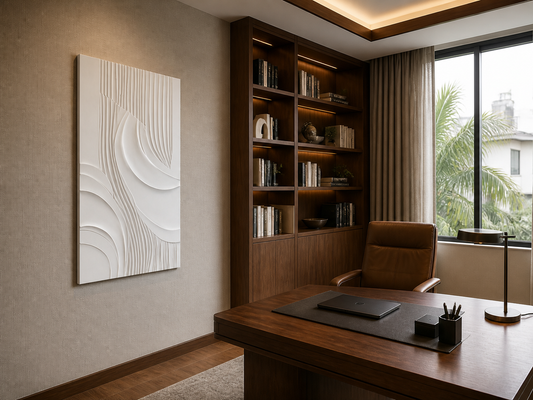 Fluted Confluence white Corian wall panel left angle in walnut Mumbai home office