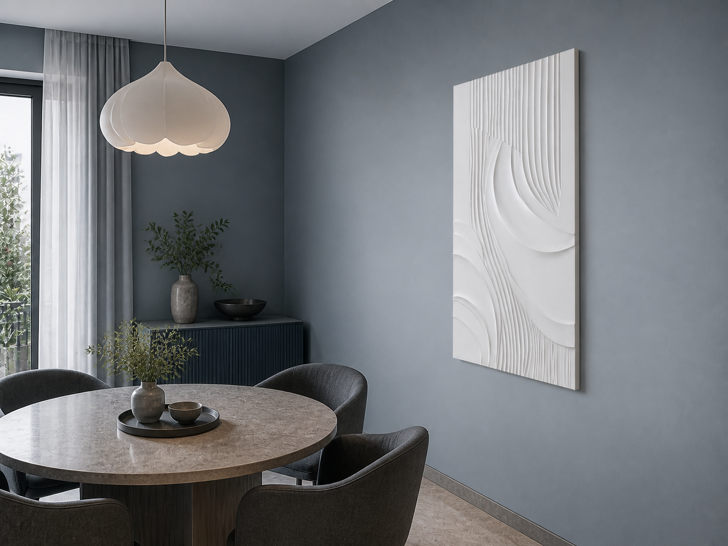Fluted Confluence white Corian wall panel right angle in blue-grey Mumbai dining corner