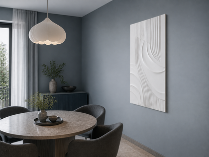 Fluted Confluence white Corian wall panel right angle in blue-grey Mumbai dining corner