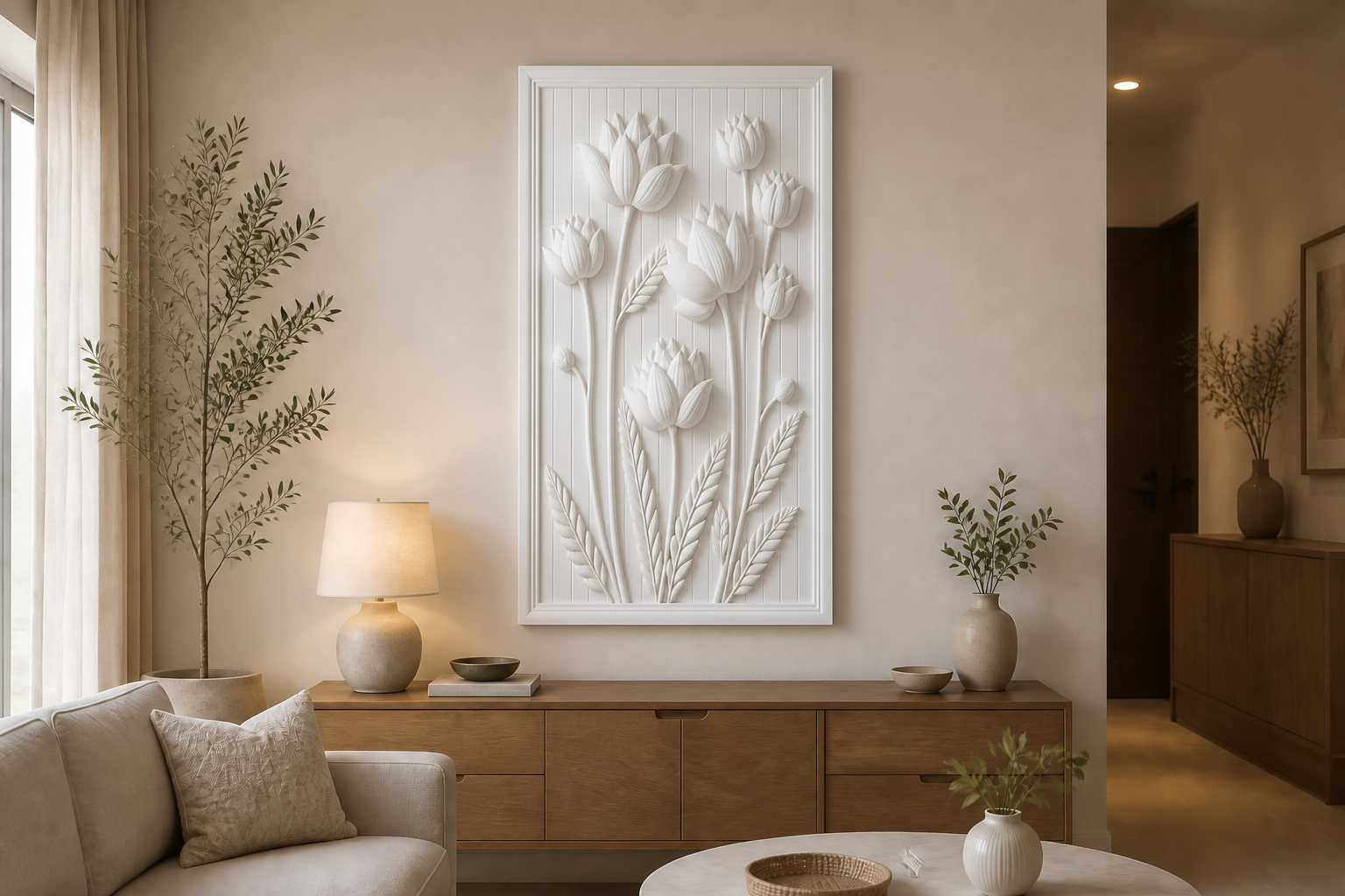 Lotus Meadow white Corian wall panel front view in warm-white Mumbai living room