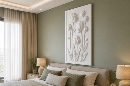 Lotus Meadow white Corian wall panel left angle in soft-sage Mumbai primary bedroom