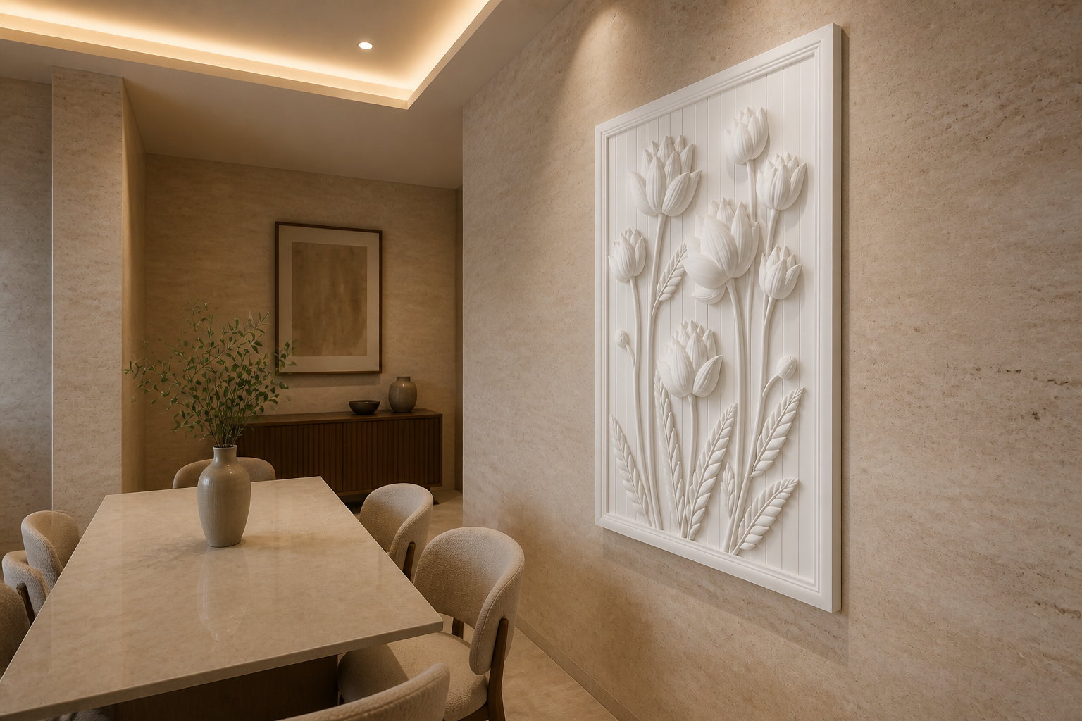 Lotus Meadow white Corian wall panel right angle in travertine Mumbai dining alcove