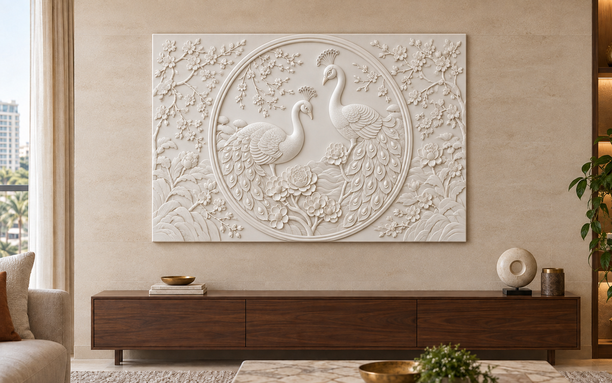 Peacock Pair Blossom Medallion Corian wall panel, 4 x 2.5 ft, front view in a Bandra living-room console wall
