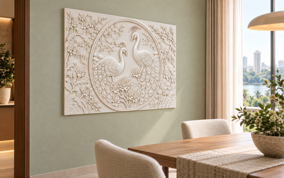 Peacock Pair Blossom Medallion Corian wall panel, 4 x 2.5 ft, left view in a Powai dining nook