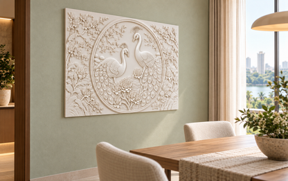 Peacock Pair Blossom Medallion Corian wall panel, 4 x 2.5 ft, left view in a Powai dining nook