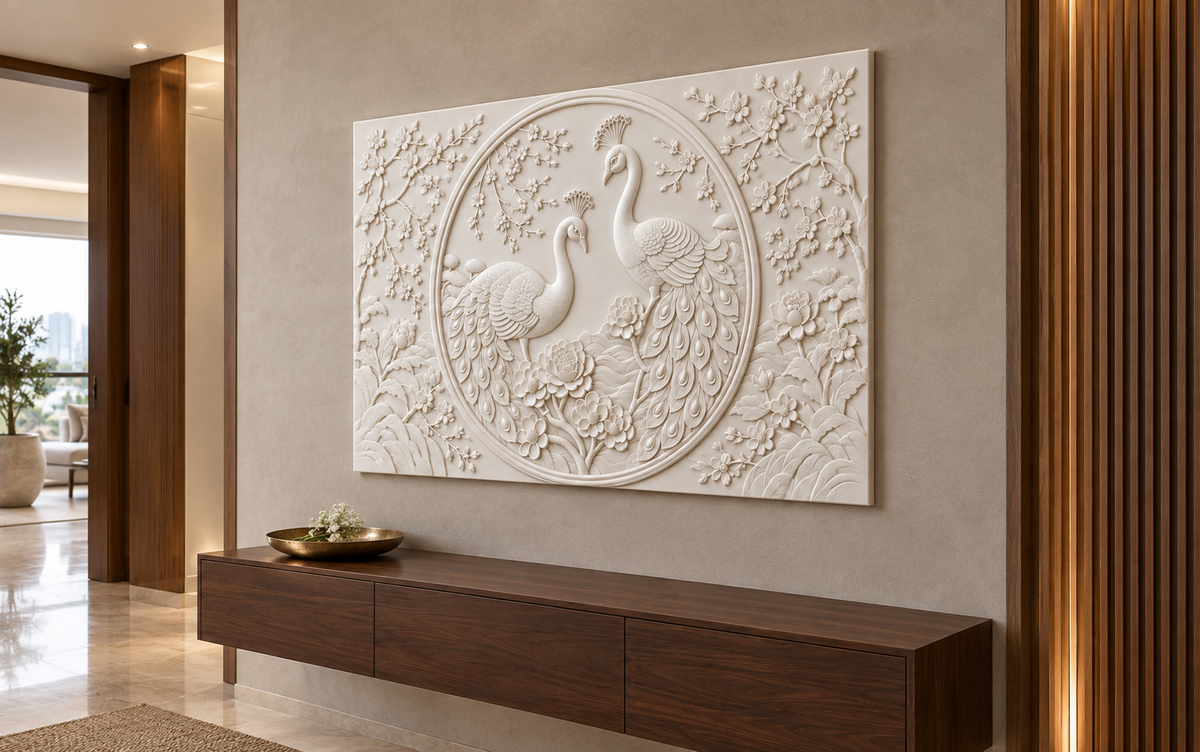 Peacock Pair Blossom Medallion Corian wall panel, 4 x 2.5 ft, right view in a Juhu entry foyer