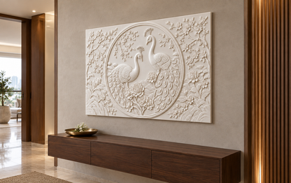 Peacock Pair Blossom Medallion Corian wall panel, 4 x 2.5 ft, right view in a Juhu entry foyer