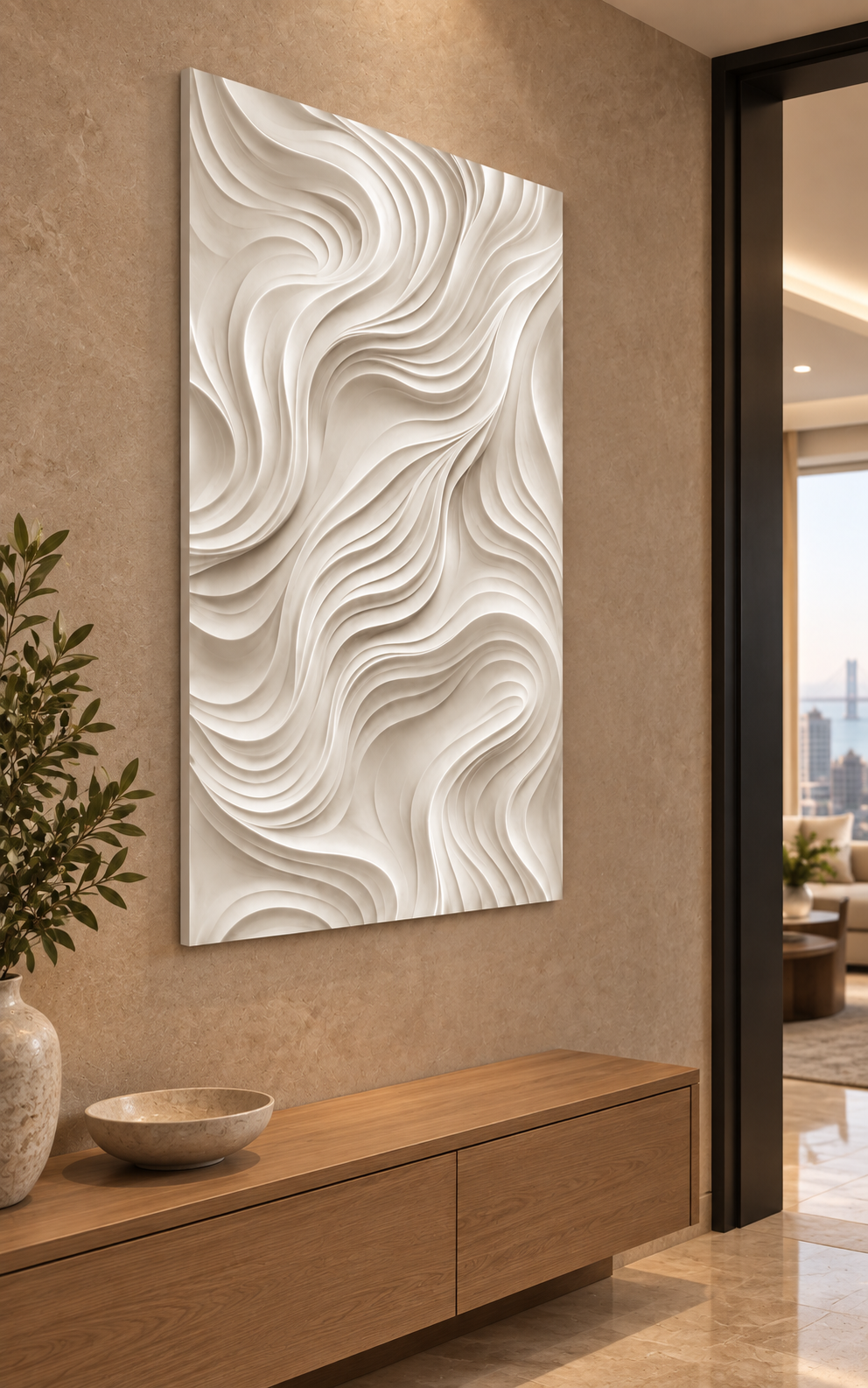 Silken Double Current Corian wall panel, 2.5 x 4 ft, left view in a Bandra apartment foyer