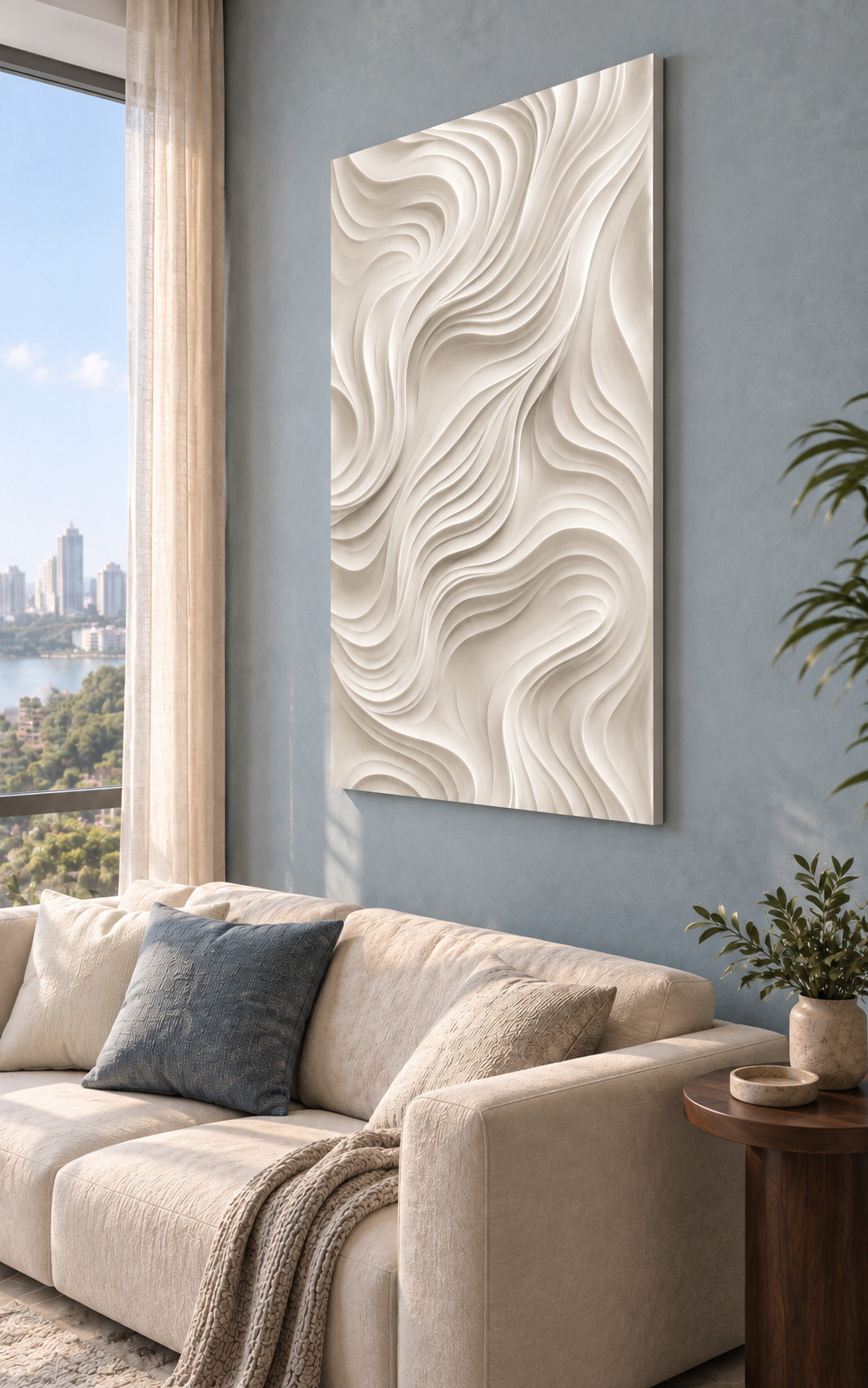 Silken Double Current Corian wall panel, 2.5 x 4 ft, right view in a Powai living room