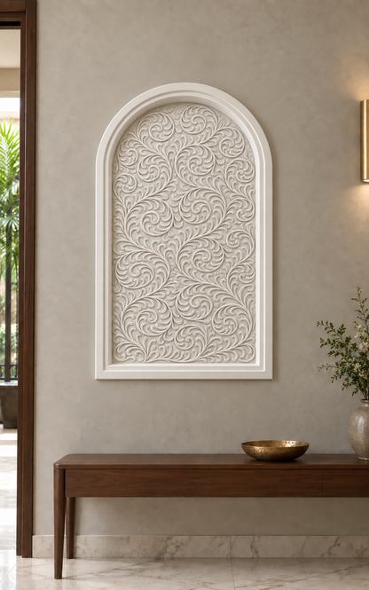 Acanthus Lace Arch Corian wall panel, 2.5 x 4 ft, front view in a Malabar Hill entry foyer