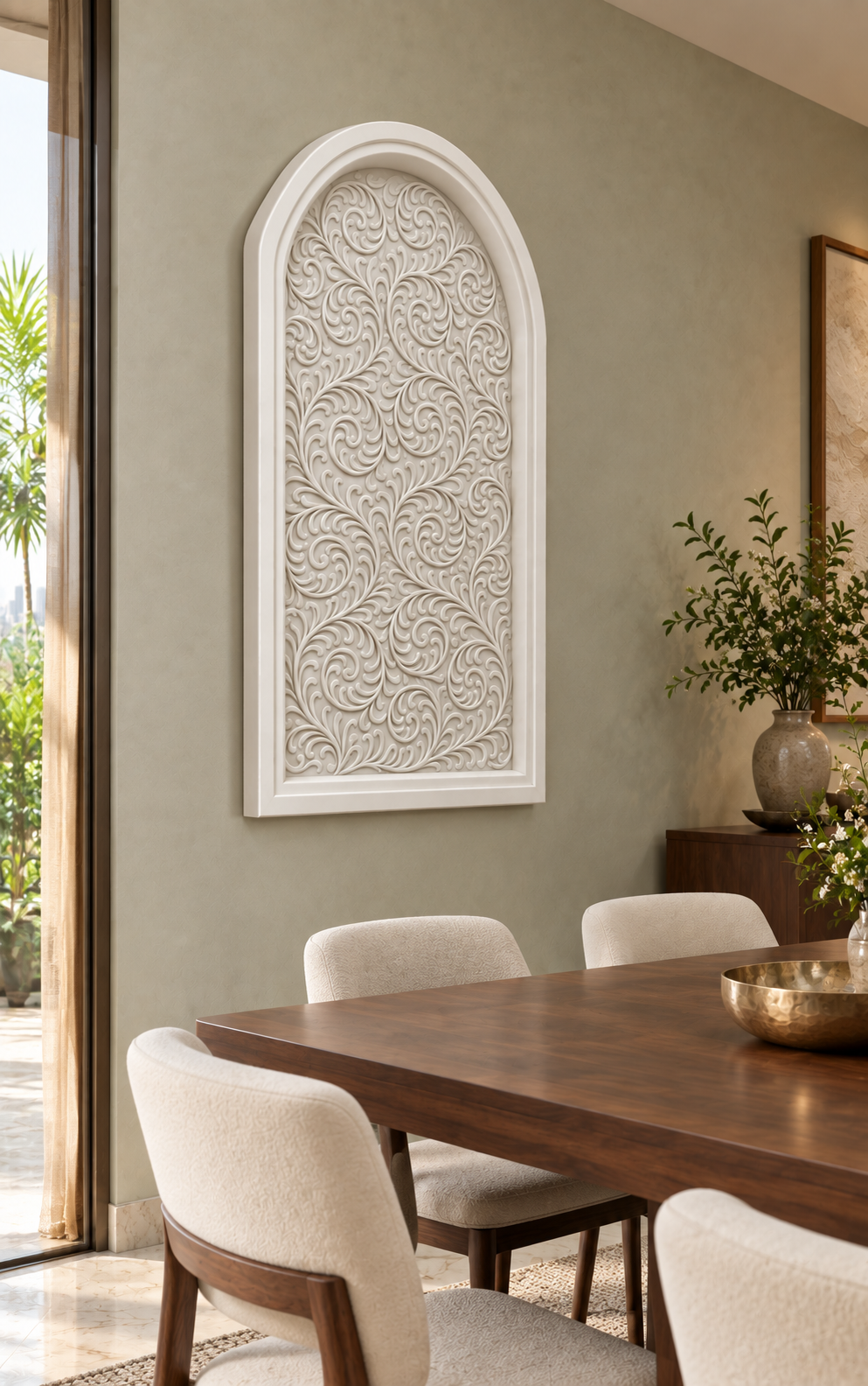 Acanthus Lace Arch Corian wall panel, 2.5 x 4 ft, left view in a Bandra dining room
