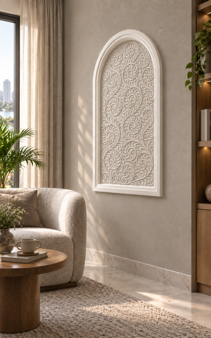 Acanthus Lace Arch Corian wall panel, 2.5 x 4 ft, right view in a Powai reading lounge