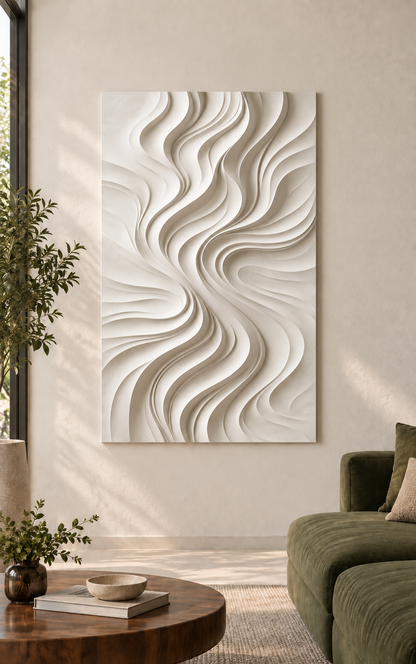 Tapered Flame Current Corian wall panel, 2.5 x 4 ft, front view in a Bandra living room